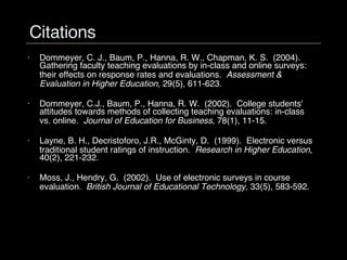 Citations Dommeyer, C. J., Baum, P., Hanna, R. W., Chapman, K. S.  (2004).  Gathering faculty teaching evaluations by in-class and online surveys: their effects on response rates and evaluations.  Assessment & Evaluation in Higher Education , 29(5), 611-623. Dommeyer, C.J., Baum, P., Hanna, R. W.  (2002).  College students' attitudes towards methods of collecting teaching evaluations: in-class vs. online.  Journal of Education for Business , 78(1), 11-15. Layne, B. H., Decristoforo, J.R., McGinty, D.  (1999).  Electronic versus traditional student ratings of instruction.  Research in Higher Education , 40(2), 221-232.  Moss, J., Hendry, G.  (2002).  Use of electronic surveys in course evaluation.  British Journal of Educational Technology , 33(5), 583-592. 