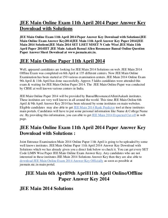 JEE Main Online exam 11th|12th|19th april 2014 paper