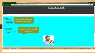 Admin can update delete
and view the database
Questions can be added by
admin only
 