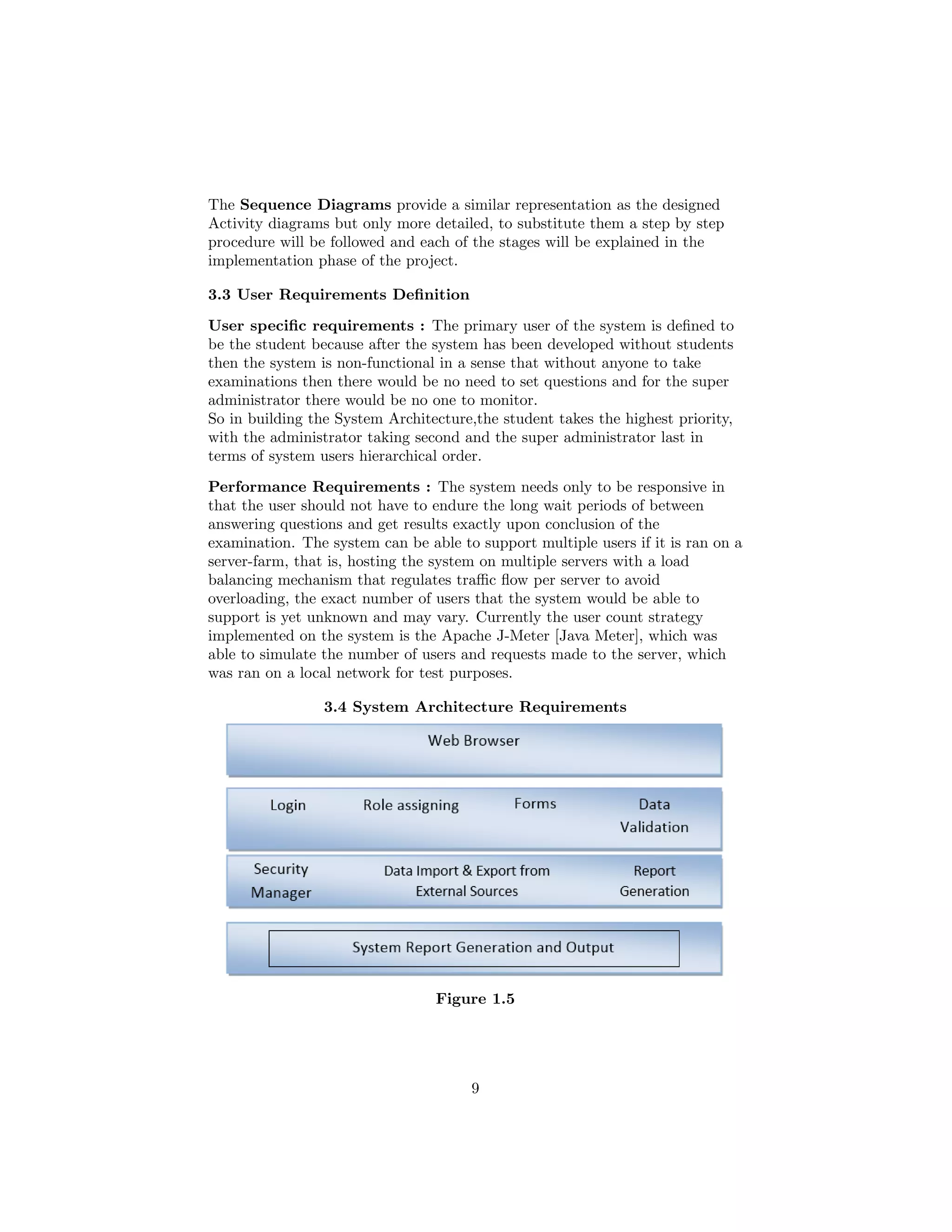 The Sequence Diagrams provide a similar representation as the designed
Activity diagrams but only more detailed, to substitute them a step by step
procedure will be followed and each of the stages will be explained in the
implementation phase of the project.
3.3 User Requirements Deﬁnition
User speciﬁc requirements : The primary user of the system is deﬁned to
be the student because after the system has been developed without students
then the system is non-functional in a sense that without anyone to take
examinations then there would be no need to set questions and for the super
administrator there would be no one to monitor.
So in building the System Architecture,the student takes the highest priority,
with the administrator taking second and the super administrator last in
terms of system users hierarchical order.
Performance Requirements : The system needs only to be responsive in
that the user should not have to endure the long wait periods of between
answering questions and get results exactly upon conclusion of the
examination. The system can be able to support multiple users if it is ran on a
server-farm, that is, hosting the system on multiple servers with a load
balancing mechanism that regulates traﬃc ﬂow per server to avoid
overloading, the exact number of users that the system would be able to
support is yet unknown and may vary. Currently the user count strategy
implemented on the system is the Apache J-Meter [Java Meter], which was
able to simulate the number of users and requests made to the server, which
was ran on a local network for test purposes.
3.4 System Architecture Requirements
Figure 1.5
9
 