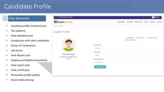 Candidate Profile
• Candidate profile (student/user)
• Test platform
• View detailed result
• Comparison with other candidates
• Access of marketplace
• Lab access
• View Report card
• Desktop and Mobile accessibility.
• View report card
• View certificates
• Personalize profile update
• Social media sharing
Key Elements
 