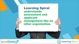 Looking for a robust
OnlineExamination
System?
Learning Spiral
understands
assessment and
applicant
management like no
other organization.