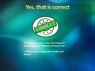 The correct Answer is True. The Phases of
Development for Distance Instructors are :
• Visitor, Novice, Apprentice, Insider and
Master.
 