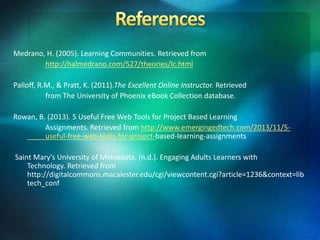 Medrano, H. (2005). Learning Communities. Retrieved from
http://halmedrano.com/527/theories/lc.html
Palloff, R.M., & Pratt, K. (2011).The Excellent Online Instructor. Retrieved
from The University of Phoenix eBook Collection database.
Rowan, B. (2013). 5 Useful Free Web Tools for Project Based Learning
Assignments. Retrieved from http://www.emergingedtech.com/2013/11/5-
useful-free-web-tools-for-project-based-learning-assignments
Saint Mary's University of Minnesota. (n.d.). Engaging Adults Learners with
Technology. Retrieved from
http://digitalcommons.macalester.edu/cgi/viewcontent.cgi?article=1236&context=lib
tech_conf
 