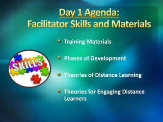 Training Materials
Phases of Development
Theories of Distance Learning
Theories for Engaging Distance
Learners
 