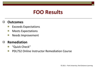 FOO Results Outcomes Exceeds Expectations Meets Expectations  Needs Improvement Remediation “ Quick Check”  PDL752 Online Instructor Remediation Course © 2011 – Park University, Park Distance Learning 