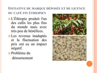 INITIATIVE DE MARQUE DÉPOSÉE ET DE LICENCE
DU CAFÉ FIN ÉTHIOPIEN
 L'Éthiopie produit l'un
des cafés les plus fins
du monde mais avec
très peu de bénéfices.
 Les revenus inadaptés
et la fluctuation des
prix ont eu un impact
négatif.
 Problème du
détournement
 