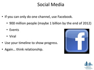 Social Media

• If you can only do one channel, use Facebook.
   • 900 million people (maybe 1 billion by the end of 2012)
   • Events
   • Viral
• Use your timeline to show progress.
• Again… think relationship.



                                                        31
 