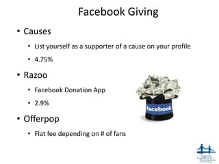 Facebook Giving
• Causes
  • List yourself as a supporter of a cause on your profile
  • 4.75%

• Razoo
  • Facebook Donation App
  • 2.9%

• Offerpop
  • Flat fee depending on # of fans

                                                              32
 