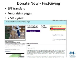 Donate Now - FirstGiving
• EFT transfers
• Fundraising pages
• 7.5% - yikes!




                                   43
 