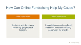 How Can Online Fundraising Help My Cause?
Offline Organizations
Audience and donors are
limited by geographical
location.
Online Organizations
Immediate access to a global
audience, increased visibility,
opportunity for growth.
 