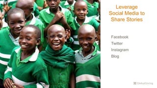 Leverage
Social Media to
Share Stories
Facebook
Twitter
Instagram
Blog
 