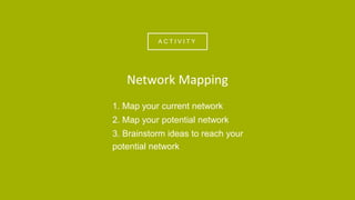 A C T I V I T Y
1. Map your current network
2. Map your potential network
3. Brainstorm ideas to reach your
potential network
Network Mapping
 