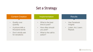 Set a Strategy
Content Creation Implementation Results
• Quality over
quantity
• A picture tells a
thousand words
• Don’t strictly ask
for donations
• What is the best
time to post?
• How often should
you post?
• What is the call to
action?
• Use Facebook
insights
• Listen, Act, Learn.
Repeat.
 
