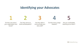 1
Do they care about
your organization and
cause?
2
Can they serve as
brand ambassadors?
3
Are they able to
communicate your
story well?
4
Do they have a large
network?
5
Are you comfortable
reaching out to them?
Identifying your Advocates
 