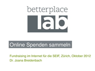 Online Spenden sammeln!
Fundraising im Internet für die SEIF, Zürich, Oktober 2012!
Dr. Joana Breidenbach!
 