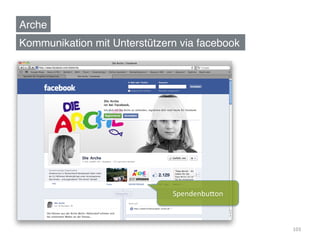 Arche!
Kommunikation mit Unterstützern via facebook!




                              Spendenbu[on	
  



                                                 103	
  
 