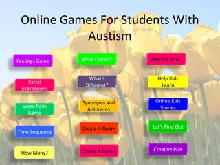 Online Games For Students With
           Austism
Feelings Game   What Colour?     Aven’s Corner


                  What’s           Help Kidz
    Facial
                 Different?         Learn
 Expressions

                Synonyms and      Online Kids
  Word Pairs                       Stories
                  Antonyms
   Game

                Create A Room    Let’s Find Out
Time Sequence


                Create A Comic    Creative Play
 How Many?
 