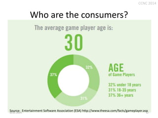 CCNC 2014

Who are the consumers?

Source: Entertainment Software Association (ESA) http://www.theesa.com/facts/gameplayer.asp
12

10.01.2014.

 