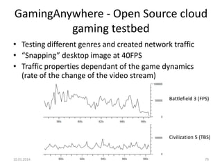 GamingAnywhere - Open Source cloud
gaming testbed
• Testing different genres and created network traffic
• “Snapping” desktop image at 40FPS
• Traffic properties dependant of the game dynamics
(rate of the change of the video stream)
Battlefield 3 (FPS)

Civilization 5 (TBS)

10.01.2014.

79

 