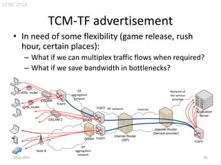 CCNC 2014

TCM-TF advertisement
• In need of some flexibility (game release, rush
hour, certain places):
– What if we can multiplex traffic flows when required?
– What if we save bandwidth in bottlenecks?
ISP
aggregation
network

xDSL router
DSLAM
xDSL router

Network of
the service
provider

TCMTF
TCMTF ISP network
DSLAM 2

10.01.2014.

Application
server

BRAS

GGSN TCMTF

Node B

Internet

ISP
aggregation
network

Internet Router
(ISP)

Internet Router
(Service provider)
TCMTF

81

 