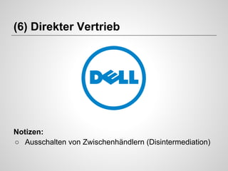 (6) Direkter Vertrieb

Notizen:
○ Ausschalten von Zwischenhändlern (Disintermediation)

 