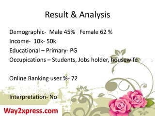 Result & Analysis
Demographic- Male 45% Female 62 %
Income- 10k- 50k
Educational – Primary- PG
Occupications – Students, J...