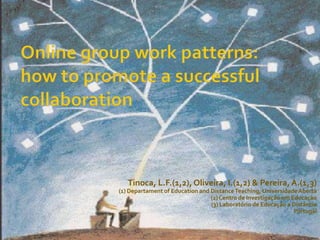 Online group work patterns: how to promote a successful collaboration Tinoca, L.F.(1,2), Oliveira, I.(1,2) & Pereira, A.(1,3) (1) Departament of Education and Distance Teaching, Universidade Aberta(2) Centro de Investigação em Educação(3) Laboratório de Educação a Distância Portugal 