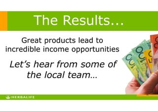 !32
Great products lead to
incredible income opportunities
Let’s hear from some of
the local team…
The Results...
 