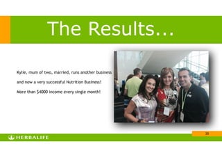 !35
The Results...
Kylie, mum of two, married, runs another business
!
and now a very successful Nutrition Business!
!
More than $4000 income every single month!
 