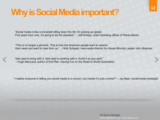 12 “ Social media is like a snowball rolling down the hill. It’s picking up speed.  Five years from now, it’s going to be the standard.” – Jeff Antaya, chief marketing officer of Plante Moran “ This is no longer a gimmick. This is how the American people want to receive  their news and want to hear from us.”  – Nick Schaper, new-media director for House Minority Leader John Boehner “ I realize everyone is telling you social media is a unicorn, but maybe it’s just a horse?” – Jay Baer, social-media strategist “ Get used to living with it. Get used to working with it. Avoid it at your peril.”  –  Hugh MacLeod, author of Evil Plan: Having Fun on the Road to World Domination 