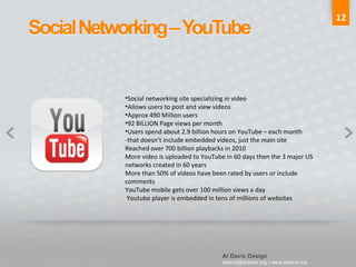 12 Social networking site specializing in video Allows users to post and view videos Approx 490 Million users 92 BILLION Page views per month Users spend about 2.9 billion hours on YouTube – each month -that doesn’t include embedded videos, just the main site Reached over 700 billion playbacks in 2010 More video is uploaded to YouTube in 60 days then the 3 major US networks created in 60 years More than 50% of videos have been rated by users or include comments YouTube mobile gets over 100 million views a day Youtube player is embedded in tens of millions of websites 
