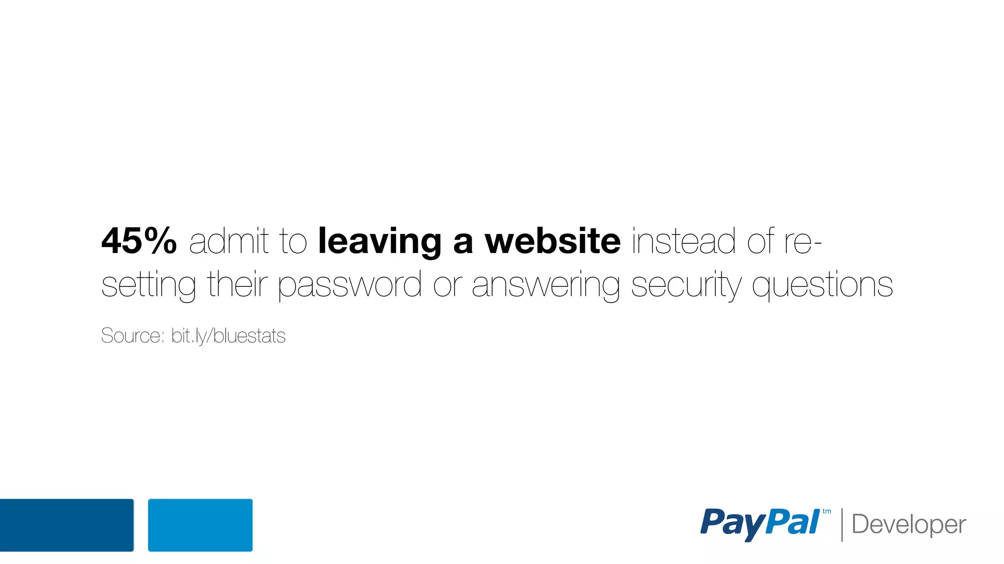 45% admit to leaving a website instead of resetting their password or answering security questions
Source: bit.ly/bluestats

 