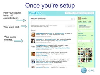 Once you’re setup Post your updates here (140 character limit). Your friends updates. Your latest post. 
