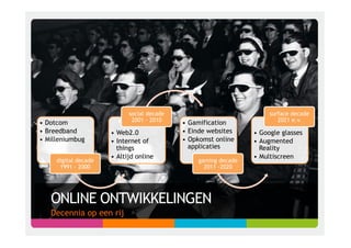 social decade                                     surface decade
                             2001 - 2010                                         2021 e.v.
•  Dotcom                                   •  Gamification
•  Breedband          •  Web2.0             •  Einde websites      •  Google glasses
•  Milleniumbug       •  Internet of        •  Opkomst online      •  Augmented
                         things                applicaties            Reality
                      •  Altijd online                             •  Multiscreen
     digital decade                              gaming decade
      1991 - 2000                                  2011 -2020




   ONLINE ONTWIKKELINGEN
   Decennia op een rij
                                                                 (PD) flickr.com/photos/nationalarchives
 