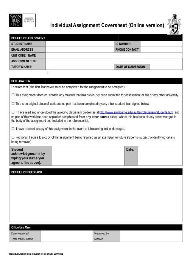 Swinburne assignment cover sheet word image
