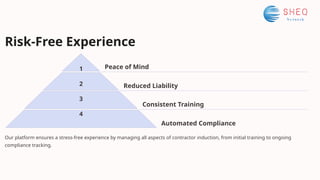 Risk-Free Experience
1
2
3
4
Peace of Mind
Reduced Liability
Consistent Training
Automated Compliance
Our platform ensures a stress-free experience by managing all aspects of contractor induction, from initial training to ongoing
compliance tracking.
 