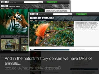 And in the natural history domain we have URIs of
animals...
bbc.co.uk/nature/:rank/:dbpediaID
 