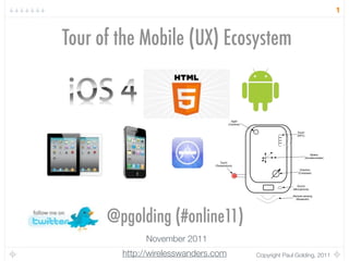 1



Tour of the Mobile (UX) Ecosystem


                                           Sight
                                         (Camera)


                                                                    Touch
                                                                    (NFC)




                                                                                Motion
                                                                            (Accelerometer)
                                  Touch
                               (Temperature)
                                                                      Direction
                                                                     (Compass)



                                                                    Sound
                                                                 (Microphone)

                                                                 Remote sensing
                                                                   (Bluetooth)




      @pgolding (#online11)
             November 2011
        http://wirelesswanders.com                  Copyright Paul Golding, 2011
 