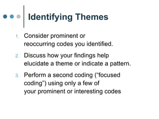 1. Read through CBC article and
reader comments
2. As you encounter passages of interest,
circle it and give it an indicative
label (a “code”)
3. Codes can be one word or a few
4. Be creative – similar to brainstorming
5. Find other instances of the code
Exercise Instructions
 