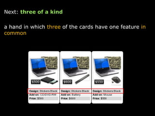Next:  three of a kind   a hand in which  three  of the cards have one feature  in common 