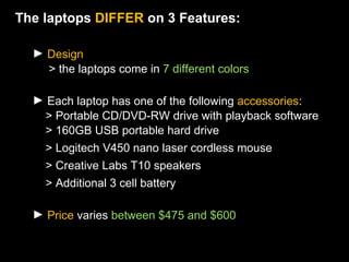 The laptops  DIFFER  on 3 Features: Design     > the laptops come in  7 different colors Each laptop has one of the following   accessories :    > Portable CD/DVD-RW drive with playback software   > 160GB USB portable hard drive > Logitech V450 nano laser cordless mouse > Creative Labs T10 speakers > Additional 3 cell battery Price  varies  between $475 and $600     