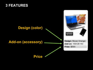 3 FEATURES Design (color) Add-on (accessory) Price 