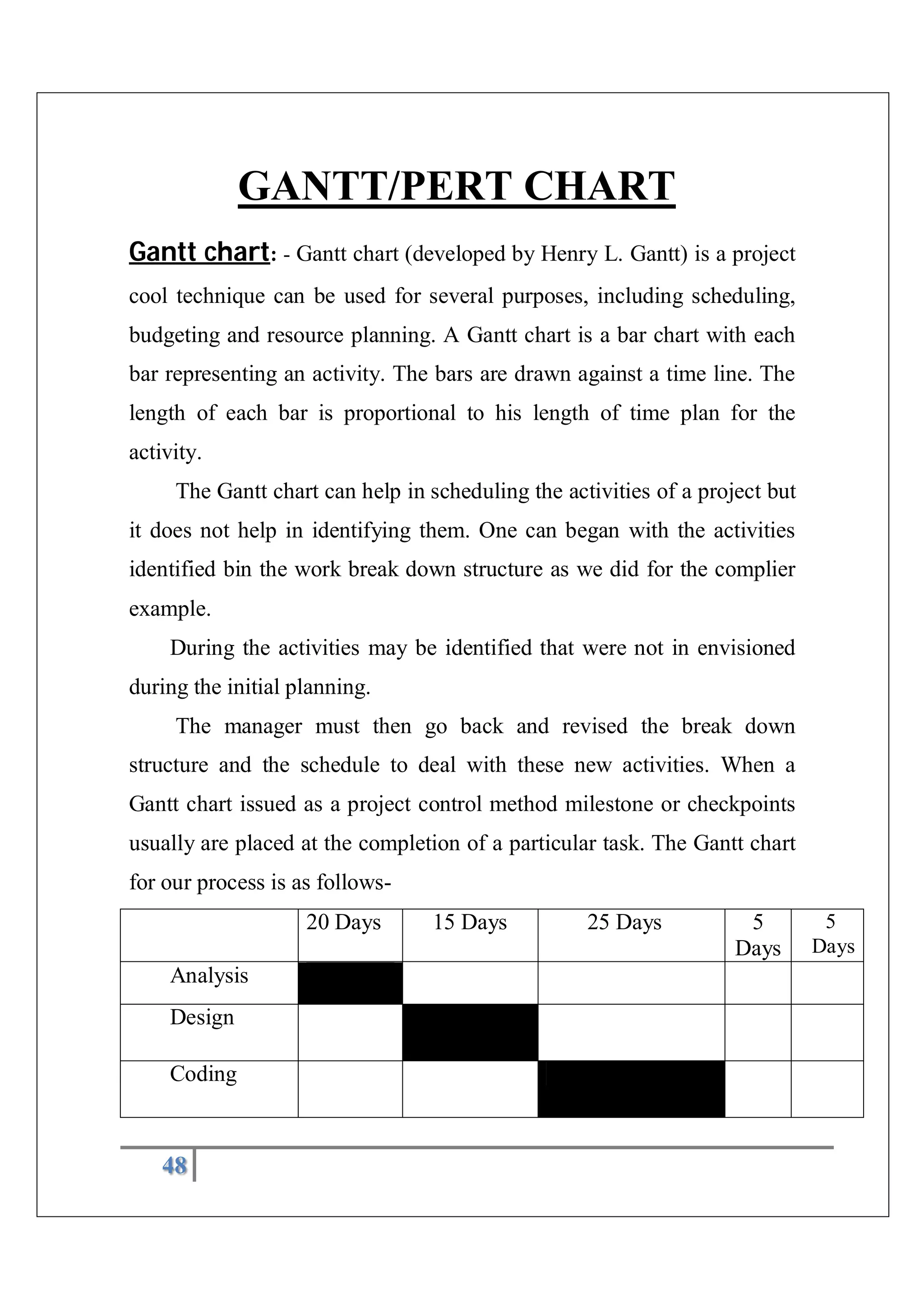 48
GANTT/PERT CHART
Gantt chart: - Gantt chart (developed by Henry L. Gantt) is a project
cool technique can be used for several purposes, including scheduling,
budgeting and resource planning. A Gantt chart is a bar chart with each
bar representing an activity. The bars are drawn against a time line. The
length of each bar is proportional to his length of time plan for the
activity.
The Gantt chart can help in scheduling the activities of a project but
it does not help in identifying them. One can began with the activities
identified bin the work break down structure as we did for the complier
example.
During the activities may be identified that were not in envisioned
during the initial planning.
The manager must then go back and revised the break down
structure and the schedule to deal with these new activities. When a
Gantt chart issued as a project control method milestone or checkpoints
usually are placed at the completion of a particular task. The Gantt chart
for our process is as follows-
20 Days 15 Days 25 Days 5
Days
5
Days
Analysis
Design
Coding
 