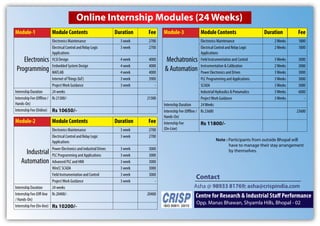Module-1 Module Contents Duration Fee
Electronics
Programming
Electronics Maintenance 3 week 2700
Electrical Control and Relay Logic
Applications
3 week 2700
VLSI Design 4 week 4000
Embedded System Design 4 week 4000
MATLAB 4 week 4000
Internet ofThings (IoT) 3 week 3900
ProjectWork Guidance 3 week -
Internship Duration 24 weeks
Internship Fee (Offline /
Hands-On)
Rs 21300/- 21300
Internship Fee (Online) Rs 10650/-
Module-2 Module Contents Duration Fee
Industrial
Automation
Electronics Maintenance 3 week 2700
Electrical Control and Relay Logic
Applications
3 week 2700
Power Electronics and industrial Drives 3 week 3000
PLC Programming and Applications 3 week 3000
Advanced PLC and HMI 3 week 3000
WinCC SCADA 3 week 3000
Field Instrumentation and Control 3 week 3000
ProjectWork Guidance 3 week -
Internship Duration 24 weeks
Internship Fee (Off-line
/ Hands-On)
Rs 20400/- 20400
Internship Fee (On-line) Rs 10200/-
Module-3 Module Contents Duration Fee
Mechatronics
& Automation
Electronics Maintenance 2Weeks 1800
Electrical Control and Relay Logic
Applications
2Weeks 1800
Field Instrumentation and Control 3Weeks 3000
Instrumentation & Calibration 2Weeks 2000
Power Electronics and Drives 3Weeks 3000
PLC Programming and Applications 3Weeks 3000
SCADA 3Weeks 3000
Industrial Hydraulics & Pneumatics 3Weeks 6000
ProjectWork Guidance 3Weeks -
Internship Duration 24Weeks
Internship Fee (Offline /
Hands-On)
Rs 23600 23600
Internship Fee
(On-Line)
Rs 11800/-
Note : Participants from outside Bhopal will
have to manage their stay arrangement
by themselves.
Opp. Manas Bhawan, Shyamla Hills, Bhopal - 02
Centre for Research & Industrial Staff Performance
Contact
Asha @ 98933 81769; asha@crispindia.com
Online Internship Modules (24 Weeks)
 