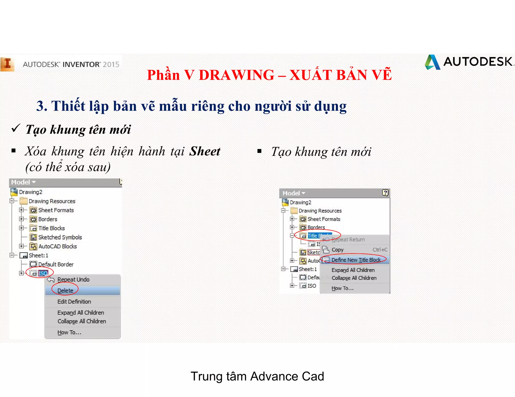 Phần V DRAWING – XUẤT BẢN VẼ
3. Thiết lập bản vẽ mẫu riêng cho người sử dụng
 Tạo khung tên mới
§ Xóa khung tên hiện hành tại Sheet
(có thể xóa sau)
§ Tạo khung tên mới
Trung tâm Advance Cad
 