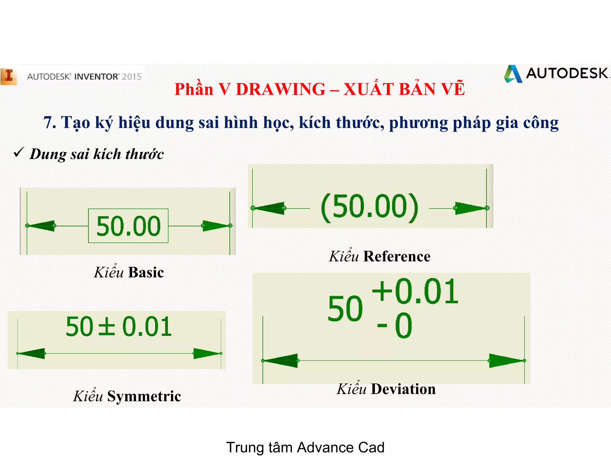 Phần V DRAWING – XUẤT BẢN VẼ
7. Tạo ký hiệu dung sai hình học, kích thước, phương pháp gia công
 Dung sai kích thước
Kiểu Basic
Kiểu Reference
Kiểu Symmetric Kiểu Deviation
Trung tâm Advance Cad
 