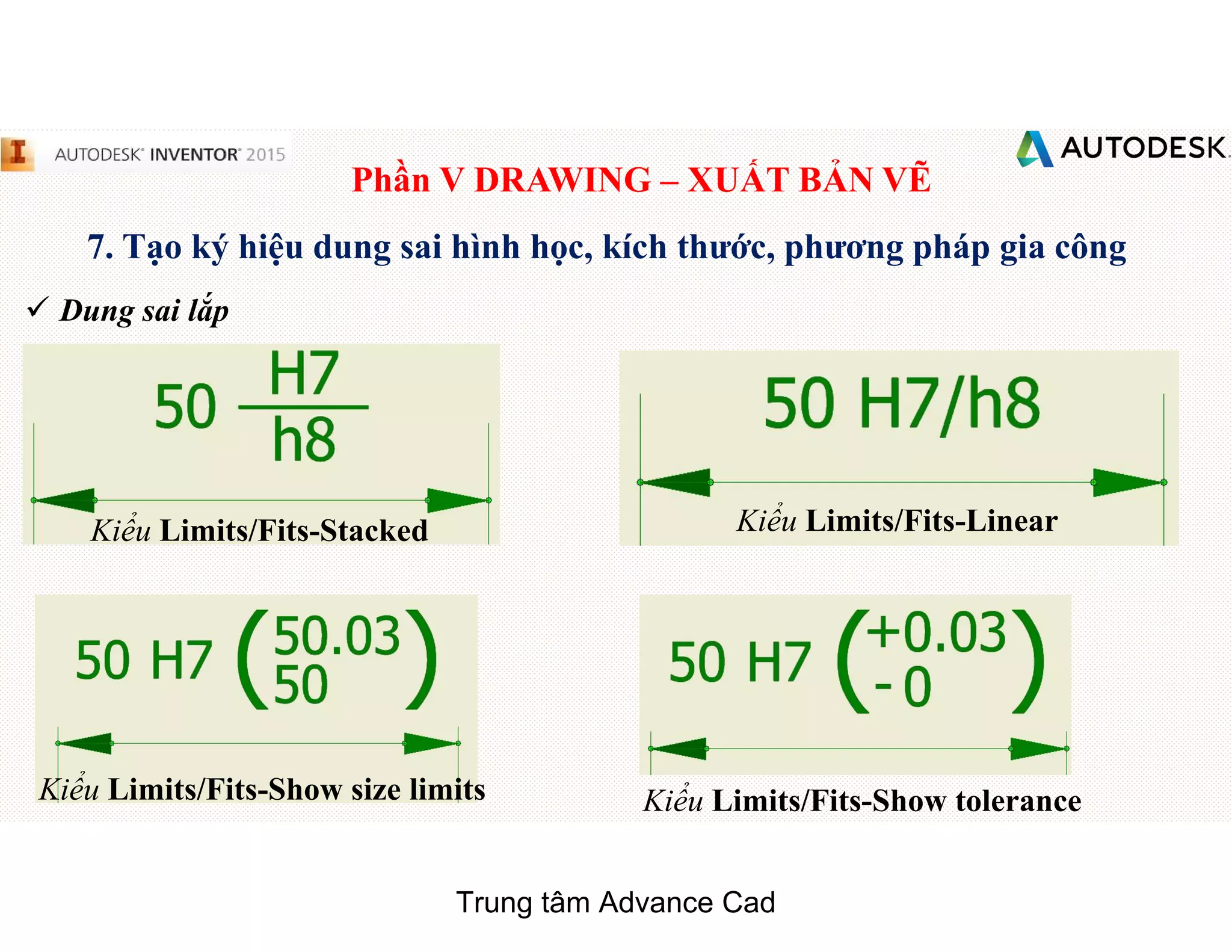 Phần V DRAWING – XUẤT BẢN VẼ
7. Tạo ký hiệu dung sai hình học, kích thước, phương pháp gia công
 Dung sai lắp
Kiểu Limits/Fits-Stacked Kiểu Limits/Fits-Linear
Kiểu Limits/Fits-Show size limits Kiểu Limits/Fits-Show tolerance
Trung tâm Advance Cad
 