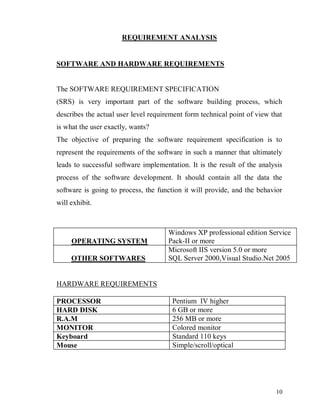 10
REQUIREMENT ANALYSIS
SOFTWARE AND HARDWARE REQUIREMENTS
The SOFTWARE REQUIREMENT SPECIFICATION
(SRS) is very important part of the software building process, which
describes the actual user level requirement form technical point of view that
is what the user exactly, wants?
The objective of preparing the software requirement specification is to
represent the requirements of the software in such a manner that ultimately
leads to successful software implementation. It is the result of the analysis
process of the software development. It should contain all the data the
software is going to process, the function it will provide, and the behavior
will exhibit.
OPERATING SYSTEM
Windows XP professional edition Service
Pack-II or more
OTHER SOFTWARES
Microsoft IIS version 5.0 or more
SQL Server 2000,Visual Studio.Net 2005
HARDWARE REQUIREMENTS
PROCESSOR Pentium IV higher
HARD DISK 6 GB or more
R.A.M 256 MB or more
MONITOR Colored monitor
Keyboard Standard 110 keys
Mouse Simple/scroll/optical
 