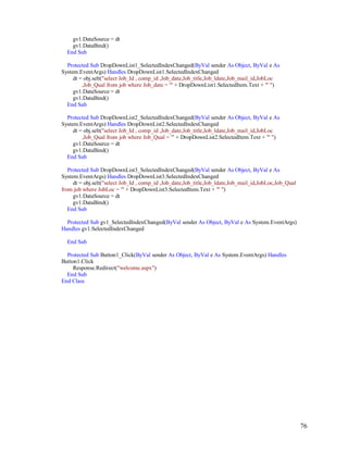 76
gv1.DataSource = dt
gv1.DataBind()
End Sub
Protected Sub DropDownList1_SelectedIndexChanged(ByVal sender As Object, ByVal e As
System.EventArgs) Handles DropDownList1.SelectedIndexChanged
dt = obj.selt("select Job_Id , comp_id ,Job_date,Job_title,Job_ldate,Job_mail_id,JobLoc
,Job_Qual from job where Job_date = '" + DropDownList1.SelectedItem.Text + "' ")
gv1.DataSource = dt
gv1.DataBind()
End Sub
Protected Sub DropDownList2_SelectedIndexChanged(ByVal sender As Object, ByVal e As
System.EventArgs) Handles DropDownList2.SelectedIndexChanged
dt = obj.selt("select Job_Id , comp_id ,Job_date,Job_title,Job_ldate,Job_mail_id,JobLoc
,Job_Qual from job where Job_Qual = '" + DropDownList2.SelectedItem.Text + "' ")
gv1.DataSource = dt
gv1.DataBind()
End Sub
Protected Sub DropDownList3_SelectedIndexChanged(ByVal sender As Object, ByVal e As
System.EventArgs) Handles DropDownList3.SelectedIndexChanged
dt = obj.selt("select Job_Id , comp_id ,Job_date,Job_title,Job_ldate,Job_mail_id,JobLoc,Job_Qual
from job where JobLoc = '" + DropDownList3.SelectedItem.Text + "' ")
gv1.DataSource = dt
gv1.DataBind()
End Sub
Protected Sub gv1_SelectedIndexChanged(ByVal sender As Object, ByVal e As System.EventArgs)
Handles gv1.SelectedIndexChanged
End Sub
Protected Sub Button1_Click(ByVal sender As Object, ByVal e As System.EventArgs) Handles
Button1.Click
Response.Redirect("welcome.aspx")
End Sub
End Class
 